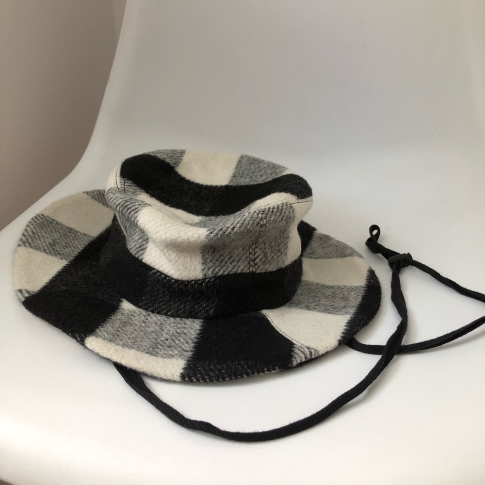 CLYDE‎ Wool Check Hat - Black White Plaid Wide Brim + Chin Strap